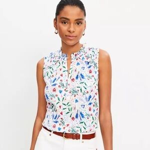 LOFT Women's Tropical Rhythm Smocked Split Neck Shell